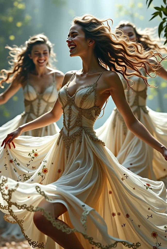 Three beautiful girls dancing in a good mood Myst lighting intricate design dress with scrible art images 