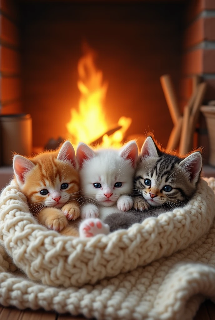 A group of three adorable kittens snuggled together on a soft knitted blanket, with its little paws sticking out playfully, with a cozy fireplace crackling in the background.