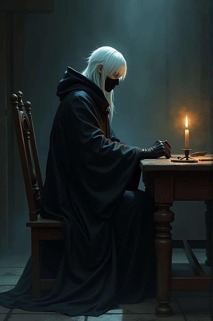 A man sits at an old desk in a dark, spooky room, illuminated only by a flickering candle. The art style resembles Fairy Tail anime. He wears black Japanese-style robes with a loose leather hood. His long black leather gloves and black face mask complement his pale skin. His hair is stark white.