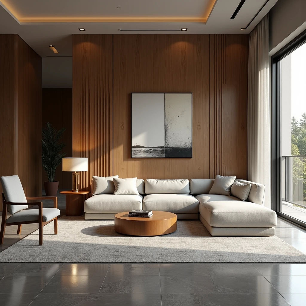 Interior design , sala modern , Brazilian residence , Minimalist sofa ,furniture signed by renowned artists , wooden panel , gray porcelain floor ,ultra realisitic , 4K , render ultra realisitic