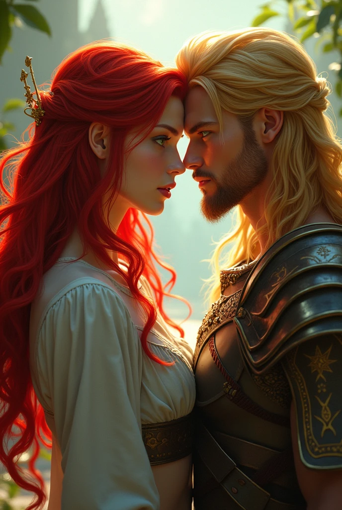 beautiful female warrior with red hair and green eyes, In a love triangle with two male warriors, one with long red hair and caramel skin looked at her lovingly, and another one with short blond hair was seducing her, and she was confused, who wants it change the face save everything else