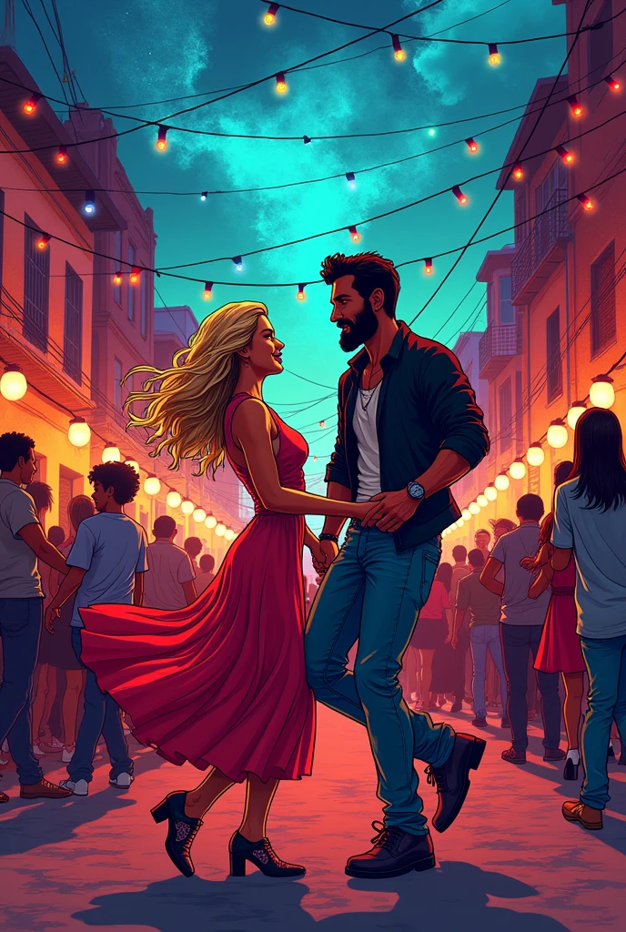 Make a comic-style image, of a couple dancing cumbia, with rock clothes the short and blond woman with a dress and the tall, dark-skinned man with a beard at a party in a popular neighborhood, like Tepito in CDMX, the slightly dirty street with a psychedelic sky, very dense beautiful with a perspective to the left and from above