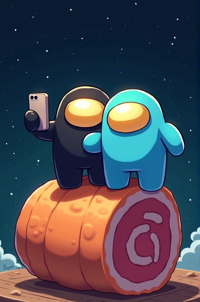 Among us black and cyan taking a selfie on top of a ham 