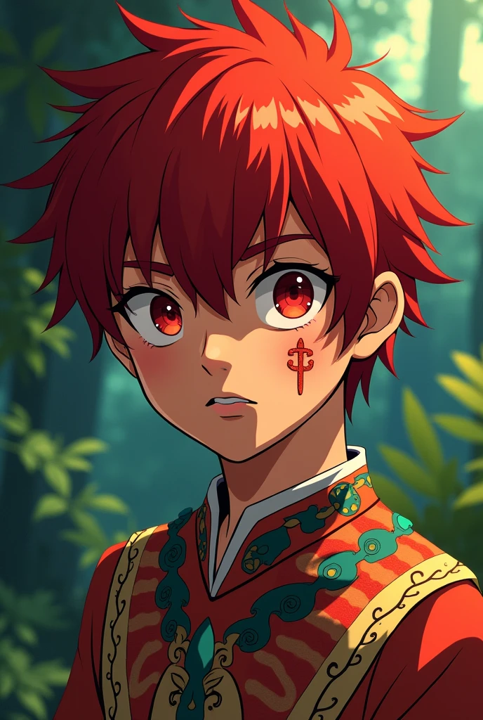 A boy with red hair and red eyes, indigenous, with indigenous clothes and a scar on his cheek like in anime
