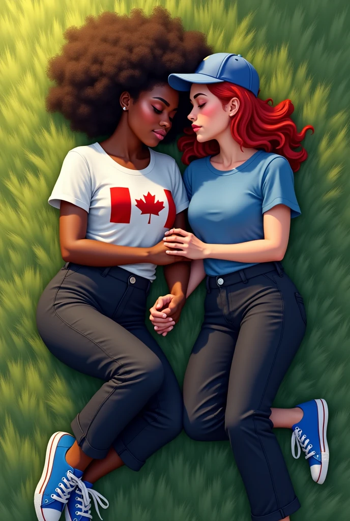 Two women lying on the grass holding hands, the first girl has well-defined and voluminous curly brown hair, her skin is black and she wears a white t-shirt with the Canadian flag and loose black pants, the second woman has red hair and wears a cap, your shirt is blue and your pants are black, both sneakers are blue 