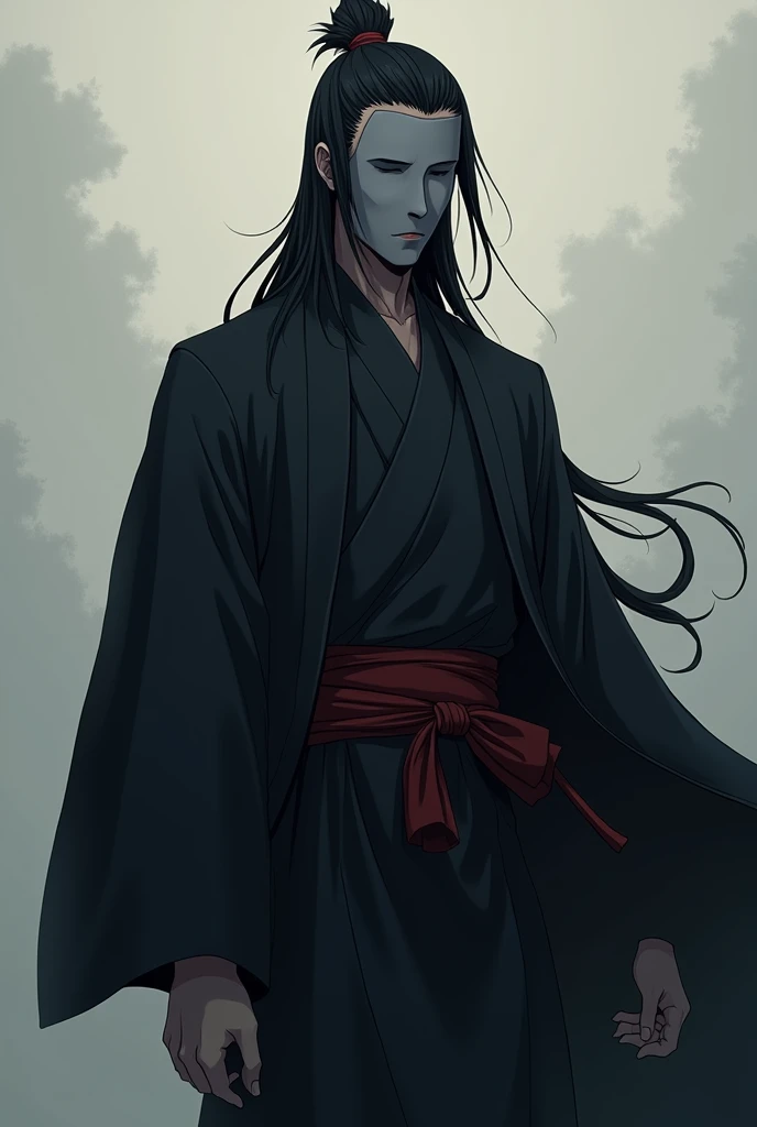 Create an anime style male character wearing a black haori with long black hair tied into a samurai cookie with a gray mask