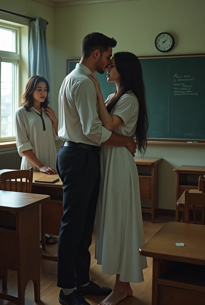 Black headscarf in class, barefoot in white long uniform, Sexy skinny female teacher kissing with a man. Other students touch the teacher behind her back.