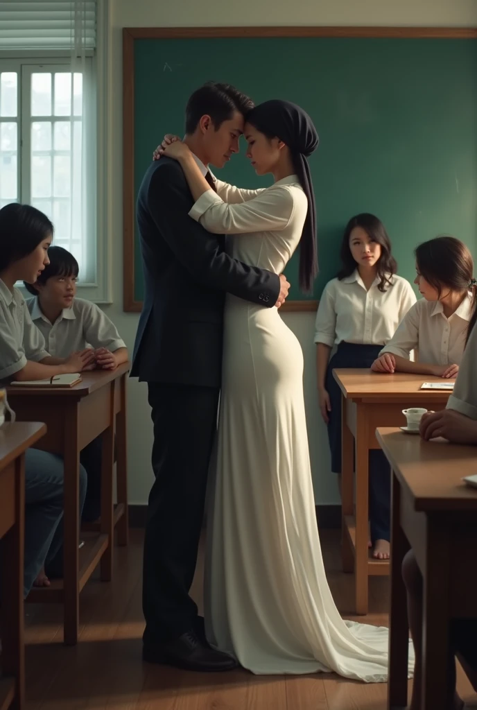 Black headscarf in class, barefoot in white long uniform, Sexy skinny female teacher kissing with a man. Other students touch the teacher behind her back.