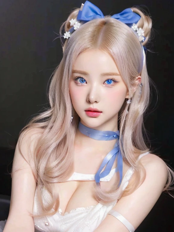 a close up of a woman with a bow on her head and blue like eyes, beautiful dolphin, 3d realistic anime style., white hime cut hairstyle, realistic anime art style, realistic anime art style, Beautiful anime style, made with anime painter studio, beautiful animated portrait, barbie anime in white, Aesthetic!!!!!! female genius, anime realism style, in bowater art style, big breasts, heavy breasts,
