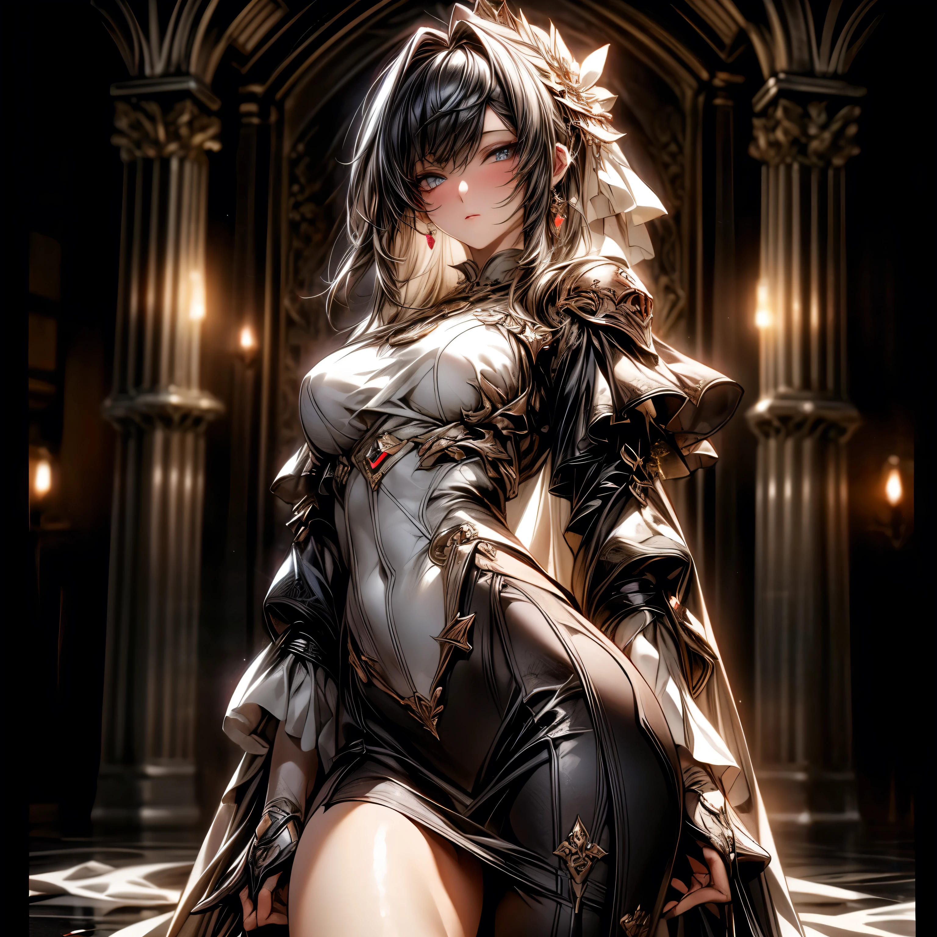 (best quality)), ((Masterpiece)), (details:1.4), 3d, HDR (high dynamic range), an image of a beautiful cyberpunk female, Medieval, Fantasy, Black hair, Curtain Bangs, Hips up, Beautiful white eyes, จมูกโด่ง, ปากแดง, หน้าอกใหญ่, nvidia RTX, PBR surface, After processing, Anisotropic filtration,depth of field, Maximum clarity and clarity, multi-layered surface, Subsurface scattering, perfect proportions, 8K raw files, ultra detailed, Perfect proportions, volumetric lighting, soft lighting, Holy Paldin, Heavy Black Armor, glossy skin, Castle background, jewely, ต่างหู, นิ้วมือสมบูรณ์, mini red skirt,