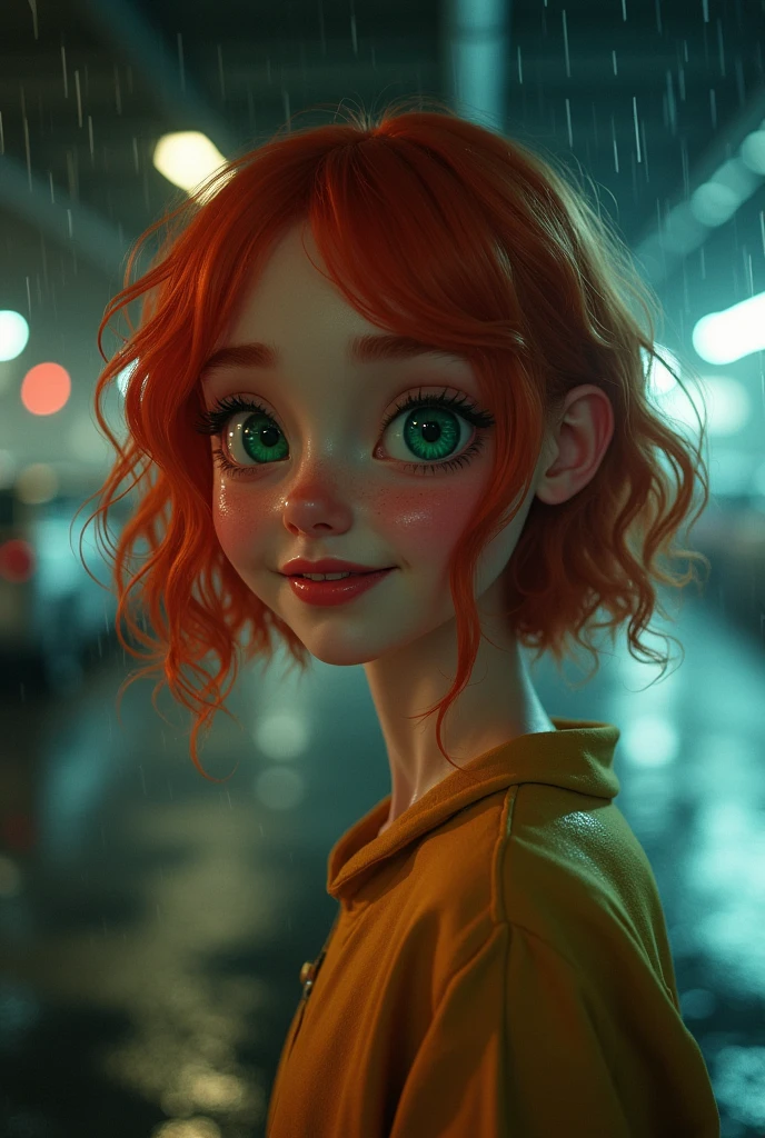 girl, red hair, green eyes, amber heard, pixie, rainy, laughing, car park