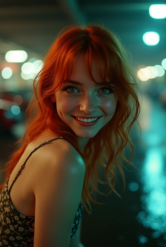 girl, red hair, green eyes, amber heard, pixie, rainy, laughing, car park