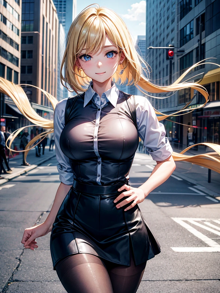 Anime style, super fine illustration, highly detailed, beautiful detailed, perfect detailed, super high quality image, static representation, gentle expression, happy expression, the pretty image, super stylish, 8k, pretty 1girl with blonde straight short hair & blue eyes & a bright smile & full bust & soft fair skin is a career woman who is very hard working not to show her skin wearing big business shirt & black tight skirt & black pantyhose on the urban business buildings street, in the morning, solo, perfect fingers, no more fingers, no less fingers, perfect arms, no more arms, perfect legs, no more legs, no more hair, masterpiece.