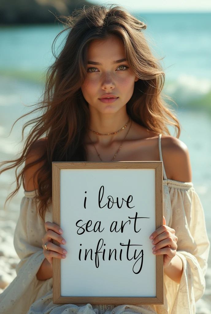 Beautiful girl with wavy long hair, bohemian dress, holding a white board with text "I Love Seaart Infinity" and showing it to the viewer