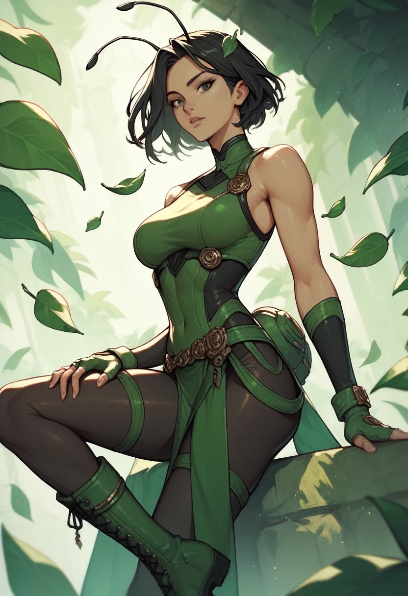 1girl, black eyes, black hair, seamless hair, shoulder-length, antennas, sleeveless, dark green bodysuit, black pants, dark green mini skirt, dark green boots, long dark green fingerless gloves, leaf loincloth