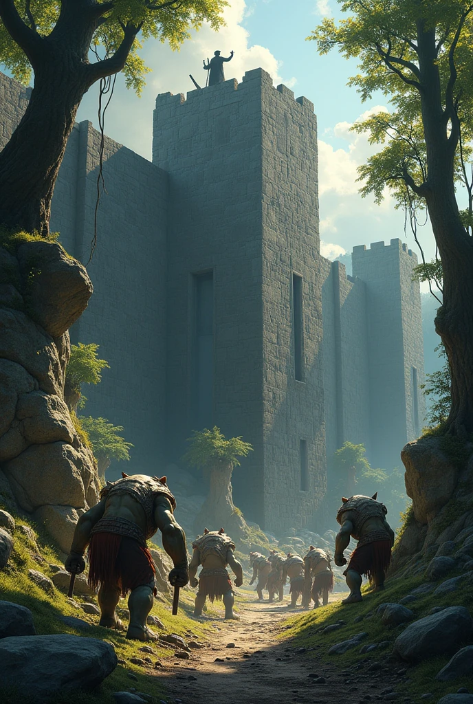 magical woods, orcs building a wall, goblins carrying rock to the wall, tall wizard directing them to build, fantasy art, dark fantasy, digital painting, 8k, high quality, detailed environment, dramatic lighting, epic scale, intricate details, cinematic composition, lush foliage, mossy rocks, ancient architecture, fantastical creatures, dramatic poses, dynamic action