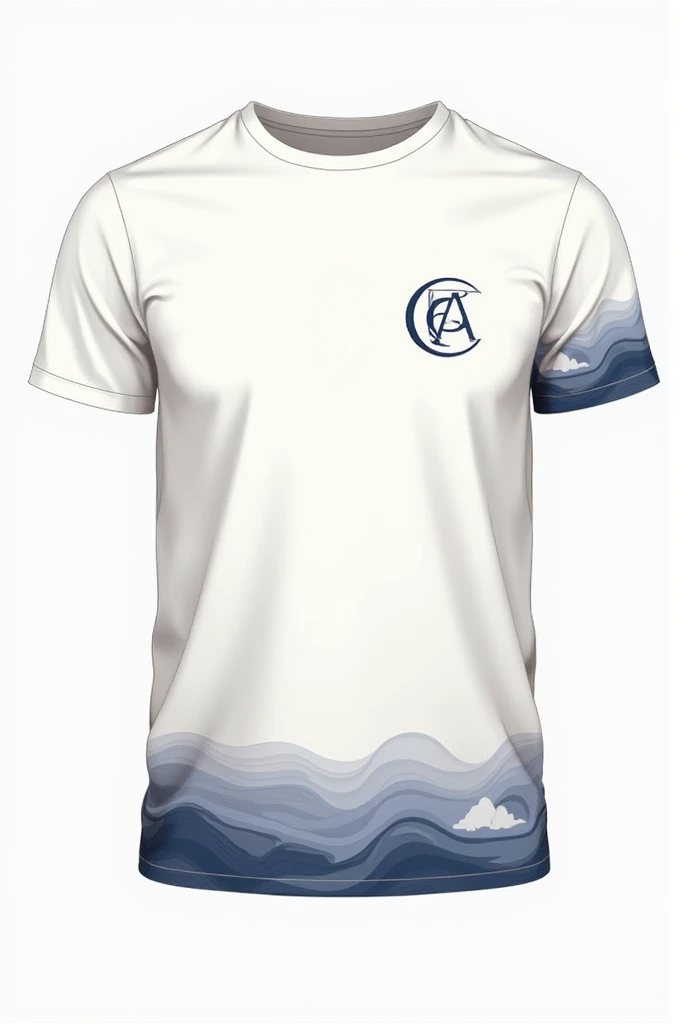 Design: At the bottom hem of the t-shirt, add a stylized design that complements the style of the monogram. It could be a geometric pattern, a flowing line or an artistic detail that aligns with the brand identity. Initials: In the bottom right corner of the bar, insert the initials "CC" in navy blue or a color that complements the design. Initials should be discreet but visible to add an elegant finishing touch.