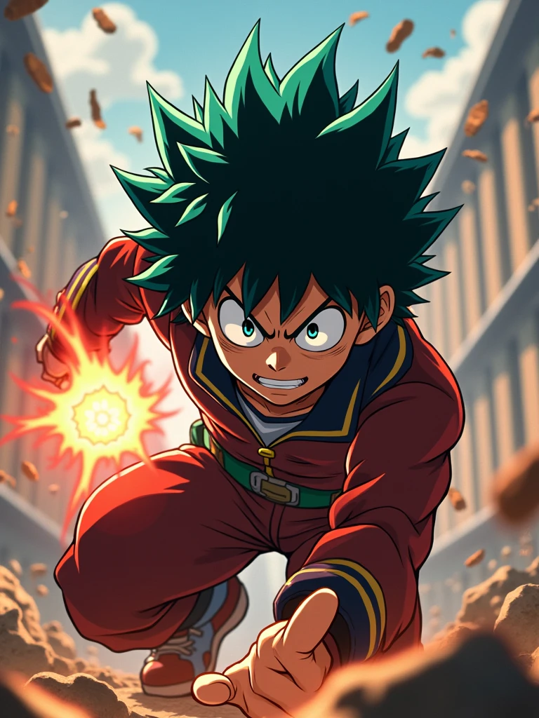 Izuku Midoriya de my hero academia, est accroupi, ses yeux plissés de détermination. Sa main droite est tendue, les doigts recourbés, prêt à frapper. L'éclairage est dramatique, mettant en valeur ses muscles et l'intensité de son expression. L'arrière-plan est un flou de couleurs et de mouvements, suggérant une bataille chaotique. Art numérique, style anime, Style Eiichiro Oda, composition dynamique, contraste élevé, couleurs vives, détails texturés, arrière-plan flou de mouvement.