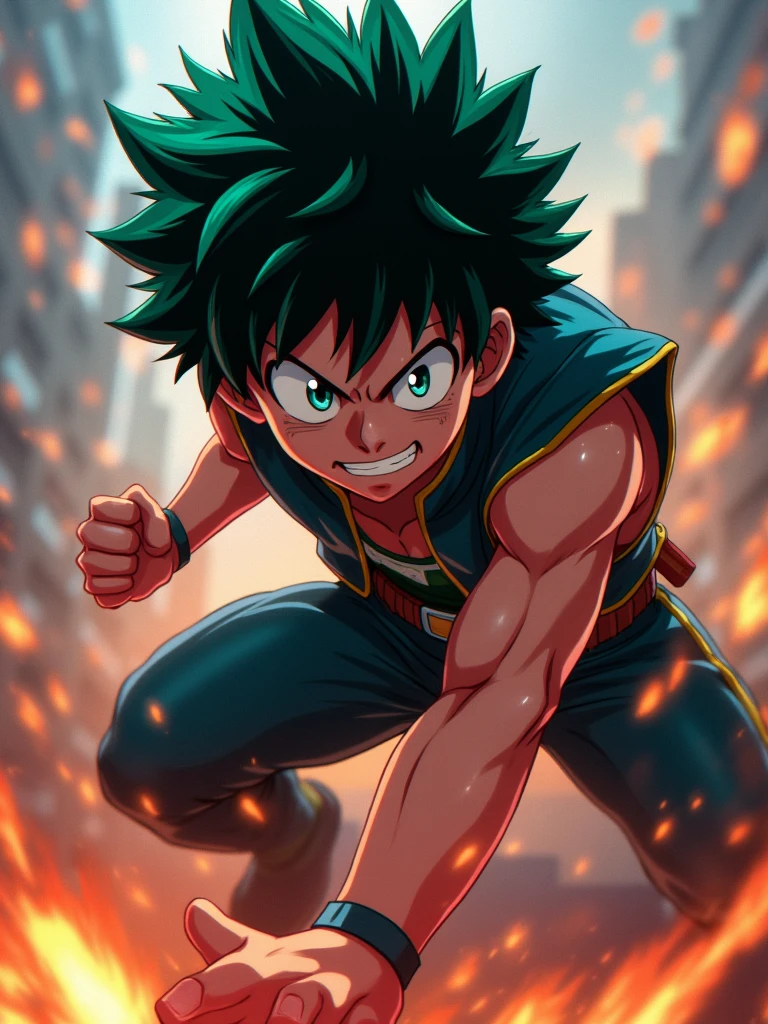 Izuku Midoriya de my hero academia, est accroupi, ses yeux plissés de détermination. Sa main droite est tendue, les doigts recourbés, prêt à frapper. L'éclairage est dramatique, mettant en valeur ses muscles et l'intensité de son expression. L'arrière-plan est un flou de couleurs et de mouvements, suggérant une bataille chaotique. Art numérique, style anime, Style Eiichiro Oda, composition dynamique, contraste élevé, couleurs vives, détails texturés, arrière-plan flou de mouvement.