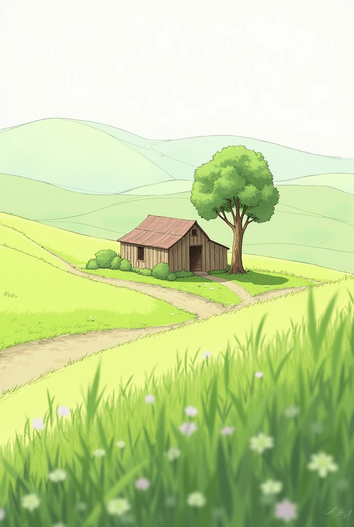 Village scenery with one house ande one simple tree for sketch