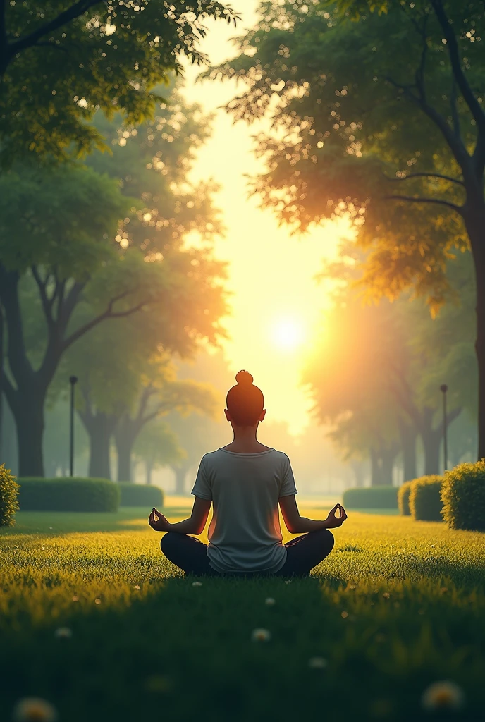 Image of a person meditating in a quiet park at sunrise