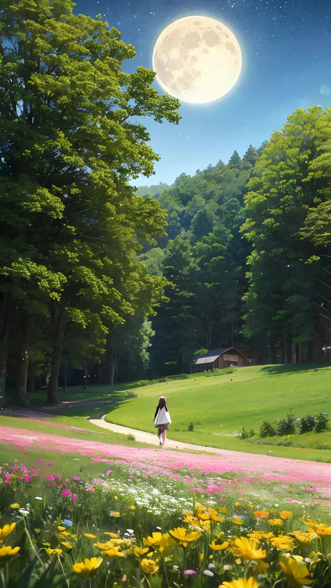 A girl on a meadow,Many stars shining in the wide sky,Shining Star,milky way,full moon,I look up and see,Wildflowers are in full bloom,Pure World,masterpiece,Highest quality,最高masterpiece,Detailed anime art,Digital Art,