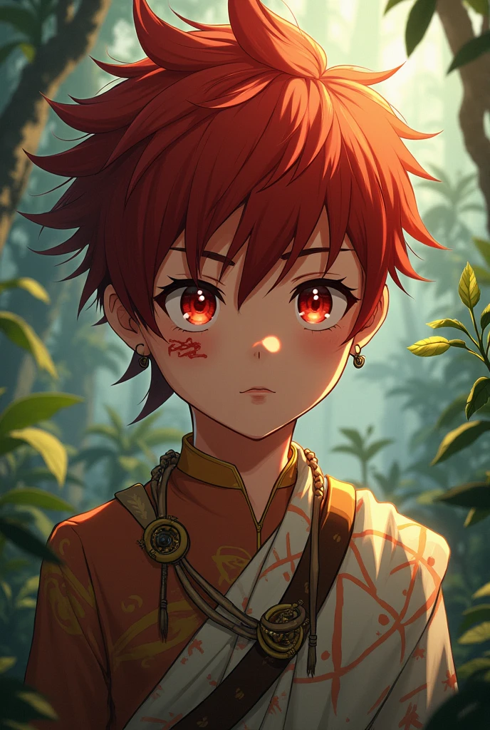 A boy with red hair and red eyes, indigenous, wearing a short made of leaves, with a scar on his cheek like something from an anime.