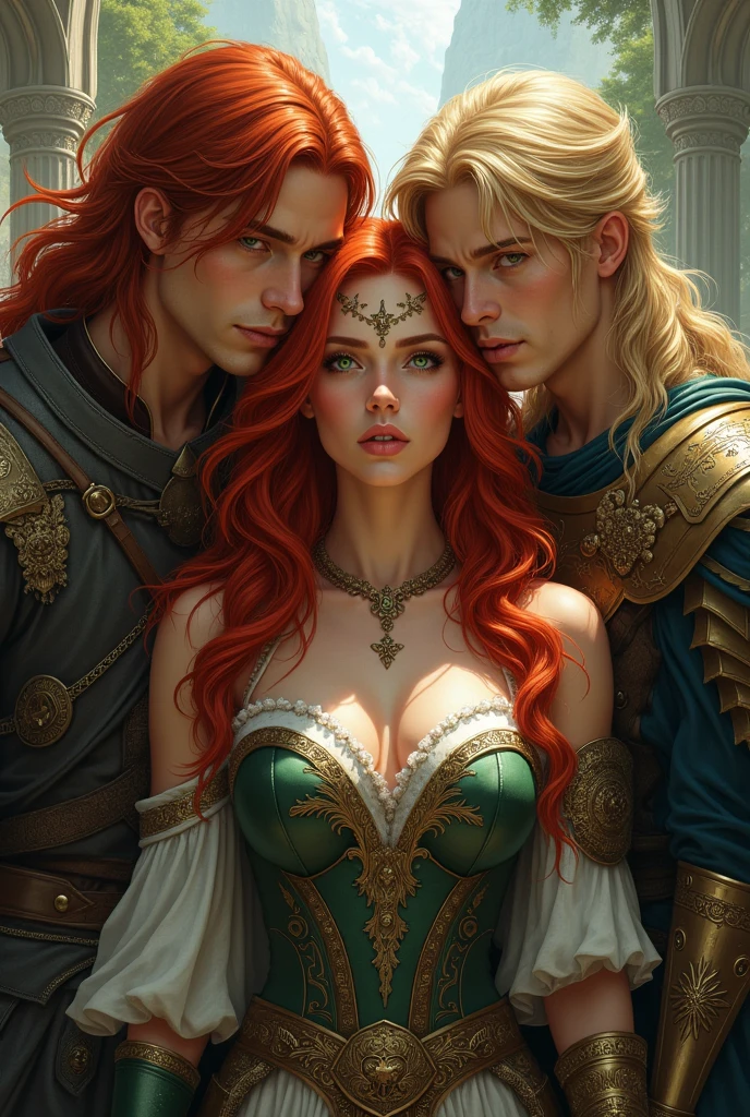 beautiful female warrior with red hair and green eyes, In a love triangle with two male warriors, one with long red hair, and another blond guy seduced her