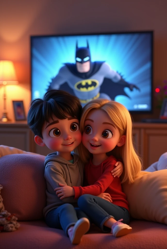 Can you make a Disney Pixar 3d photo with two people one of them is a boy with a short black hair and brown eyes and the other one is a blonde long straight haired girl with brown eyes and the two of them are watching the batman movie on tv while they are hugging