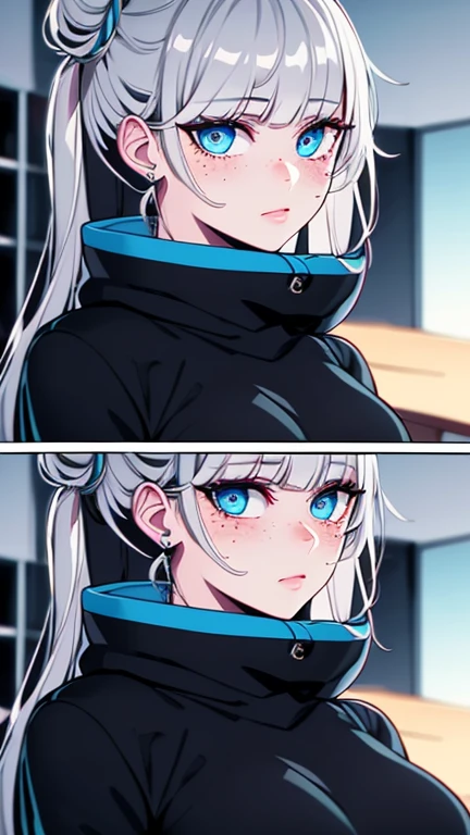 ((masterpiece)), ((ultra-detailed)), ((best quality)), ((intricate details)), ((chromatic aberration)), 1girl, hair bun, blunt bangs, makeup, black eyeliner, eyelashes, looking at viewer, silver hair, blue eyes, freckles, tattoo, breasts, (two-tone hair:1.2), kind expression, hoodie, 