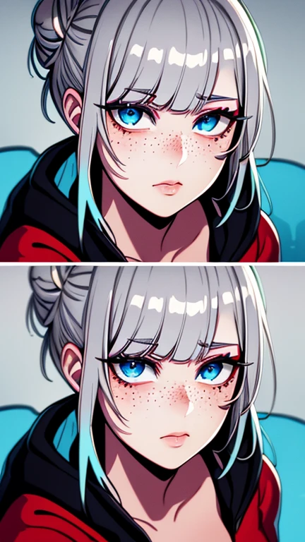 ((masterpiece)), ((ultra-detailed)), ((best quality)), ((intricate details)), ((chromatic aberration)), 1girl, hair bun, blunt bangs, makeup, black eyeliner, eyelashes, looking at viewer, silver hair, blue eyes, freckles, tattoo, breasts, (two-tone hair:1.2), kind expression, hoodie, 