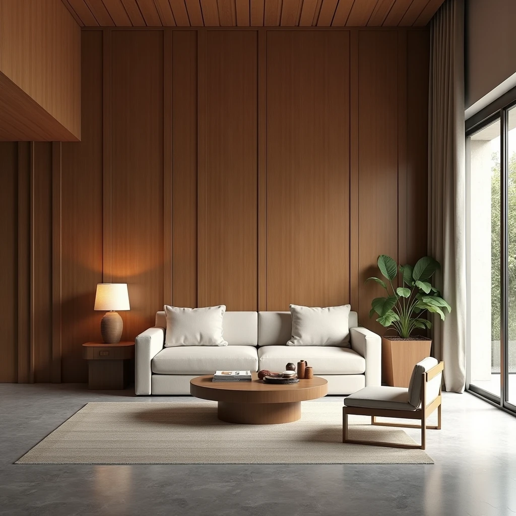 Interior design , sala modern , Brazilian residence , Minimalist sofa ,furniture signed by renowned artists , wooden panel , gray matte floor ,ultra realisitic , 4K , render ultra realisitic
