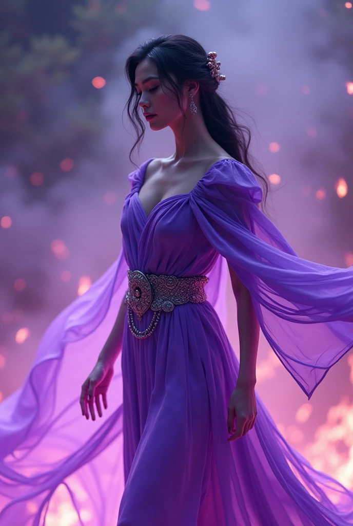 Woman wearing a violet dress and a thick belt with violet flames coming out from under the dress