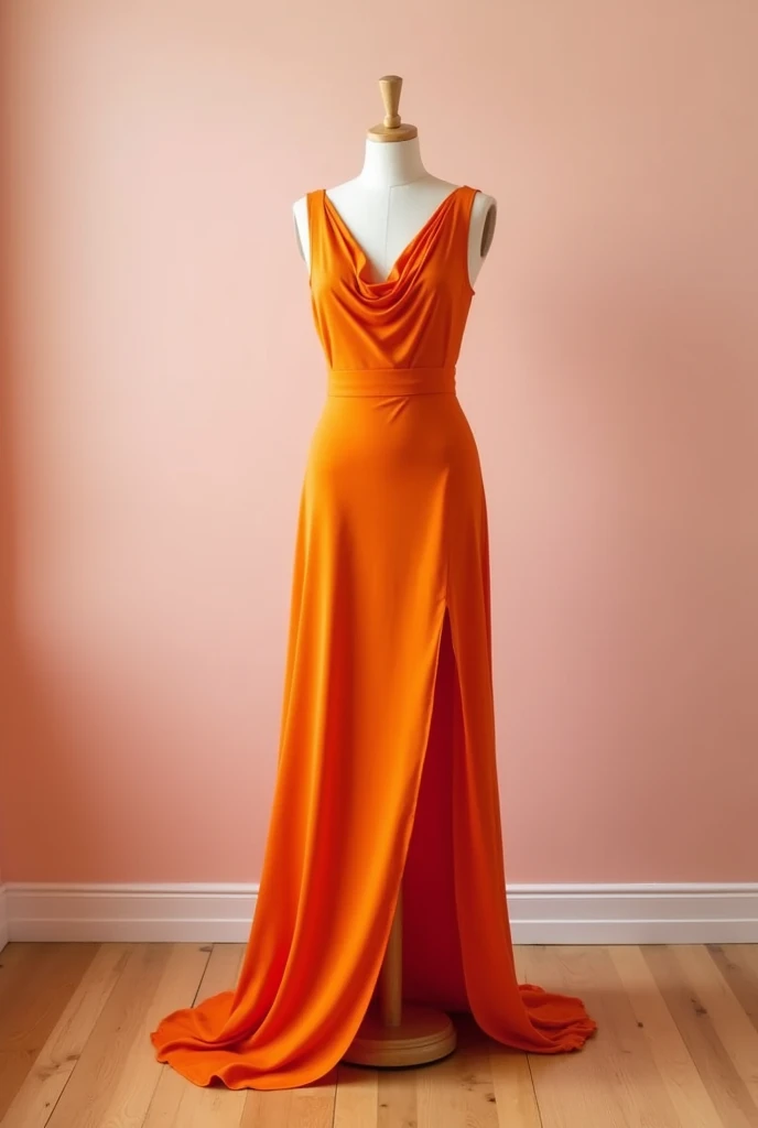 I need a orange drees with the neck cowl should be not too deep and little bit slit near the knees
I need to hang it on manequein
for the background i want wall which is light pink and plaine wall and the floor is wooden floor no sunlight
Full background with wall make ut with prevoius floor