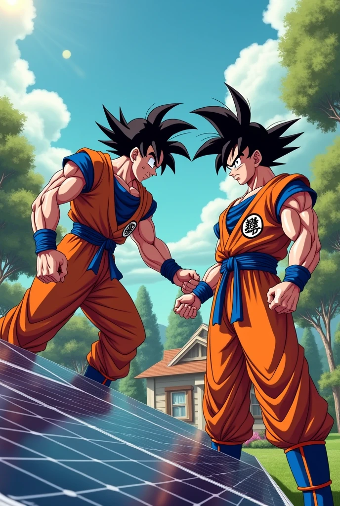 Create an image of Son Goku and Vegeta installing a solar system in the residence