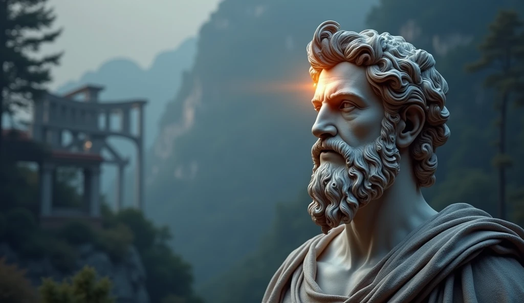 Create a captivating YouTube thumbnail for a video titled "Магія Мовчання: Як Тиша Веде до Мудрості та Сили." The image should have a mystical and serene atmosphere, featuring a highly detailed ancient marble statue in the style of Stoicism as the central figure. The statue should exude an aura of calmness and introspection, surrounded by subtle light that emphasizes its timeless wisdom. The background should blend elements of nature, like a tranquil forest or peaceful mountainside at dawn, with an overall color palette that balances deep blues, soft purples, and gentle golds. Incorporate visual cues of wisdom, such as a glowing light around the statue’s head, and symbols of strength like ancient columns or sturdy trees. The atmosphere should feel both mysterious and thought-provoking, drawing the viewer into a world of ancient philosophy. The text "Магія Мовчання" should be bold and clear, placed at the top with a slightly ethereal glow, while "Як Тиша Веде до Мудрості та Сили" should be smaller and elegantly positioned at the bottom. The overall composition should be visually striking and inviting, designed to captivate the viewer with its blend of ancient wisdom and serene beauty.