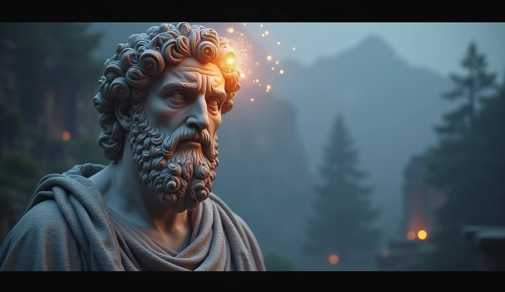 Create a captivating YouTube thumbnail for a video titled "Магія Мовчання: Як Тиша Веде до Мудрості та Сили." The image should have a mystical and serene atmosphere, featuring a highly detailed ancient marble statue in the style of Stoicism as the central figure. The statue should exude an aura of calmness and introspection, surrounded by subtle light that emphasizes its timeless wisdom. The background should blend elements of nature, like a tranquil forest or peaceful mountainside at dawn, with an overall color palette that balances deep blues, soft purples, and gentle golds. Incorporate visual cues of wisdom, such as a glowing light around the statue’s head, and symbols of strength like ancient columns or sturdy trees. The atmosphere should feel both mysterious and thought-provoking, drawing the viewer into a world of ancient philosophy. The text "Магія Мовчання" should be bold and clear, placed at the top with a slightly ethereal glow, while "Як Тиша Веде до Мудрості та Сили" should be smaller and elegantly positioned at the bottom. The overall composition should be visually striking and inviting, designed to captivate the viewer with its blend of ancient wisdom and serene beauty.