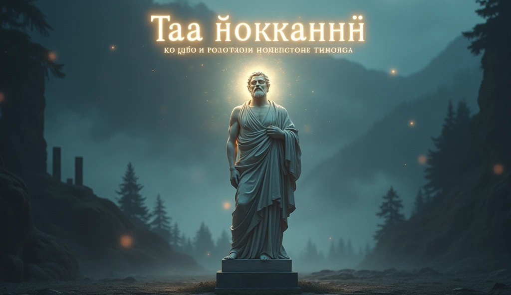 Create a captivating YouTube thumbnail for a video titled "Магія Мовчання: Як Тиша Веде до Мудрості та Сили." The image should have a mystical and serene atmosphere, featuring a highly detailed ancient marble statue in the style of Stoicism as the central figure. The statue should exude an aura of calmness and introspection, surrounded by subtle light that emphasizes its timeless wisdom. The background should blend elements of nature, like a tranquil forest or peaceful mountainside at dawn, with an overall color palette that balances deep blues, soft purples, and gentle golds. Incorporate visual cues of wisdom, such as a glowing light around the statue’s head, and symbols of strength like ancient columns or sturdy trees. The atmosphere should feel both mysterious and thought-provoking, drawing the viewer into a world of ancient philosophy. The text "Магія Мовчання" should be bold and clear, placed at the top with a slightly ethereal glow, while "Як Тиша Веде до Мудрості та Сили" should be smaller and elegantly positioned at the bottom. The overall composition should be visually striking and inviting, designed to captivate the viewer with its blend of ancient wisdom and serene beauty.