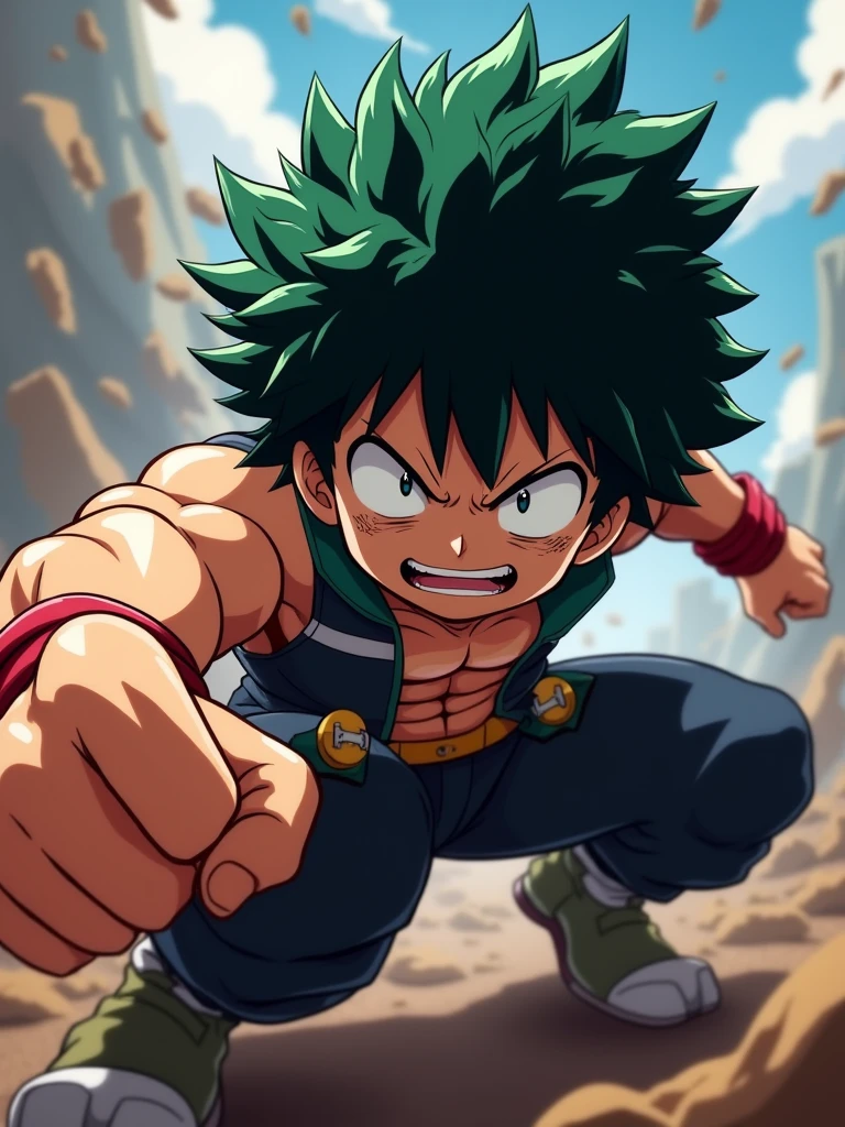 Izuku Midoriya de my hero academia, est accroupi, ses yeux plissés de détermination. Sa main droite est tendue, les doigts recourbés, prêt à frapper. L'éclairage est dramatique, mettant en valeur ses muscles et l'intensité de son expression. L'arrière-plan est un flou de couleurs et de mouvements, suggérant une bataille chaotique. Art numérique, style anime, Style Eiichiro Oda, composition dynamique, contraste élevé, couleurs vives, détails texturés, arrière-plan flou de mouvement.