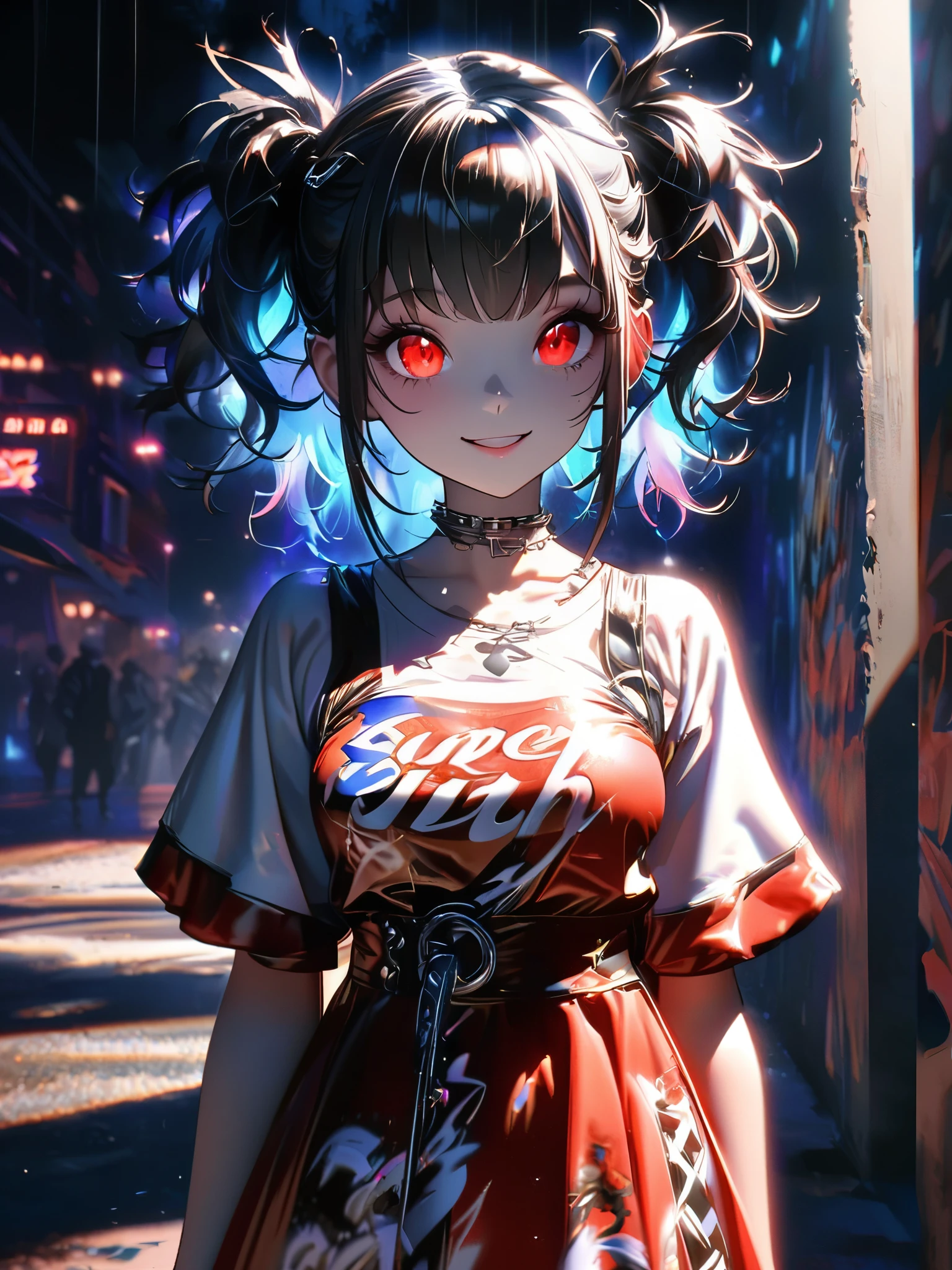 1 girl, chromatic aberration, Written boundary depth, Soft Light, masterpiece, Highest quality, complicated, Tone Mapping, A place where fireworks are set off at festivals. Concept Art, Smooth, Clear focus, Dramatic lighting, Very cinematic, super practical painting, アートステーション's trending, 8k, Incredible Shadows, practical, whole body, View, Viewers, Portrait of a Girl 1, standing on street corner, Heavy rain and lightning、Dark Sky, neon and cyber punk background, she is dressed in punk clothing with silver chains and silver spikes, Her hair was dyed a bright black color..........Ominous aura of light, smile, punk, ciber punk, Backlight.Fashionable clothes、Friendly dress code:Wearing a cute red dress.My breasts are a little big.Beautiful red eyes