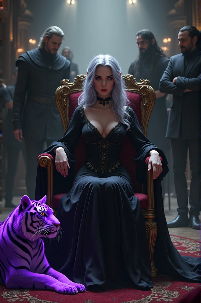 Create an image where a woman is sitting in an armchair in a medieval style room, she has silver hair and red eyes. She wears a black princess-style dress and has a frustrated expression as she supports her face with her hand.. At her feet is a purple tiger and at the bottom of her, the silhouette of 5 men, two are fighting and or three others standing with their arms crossed. Two of the ones who aren't fighting have long hair ----- Make the picture as realistic as possible, and don't forget that the tiger is purple and there are five men in the background