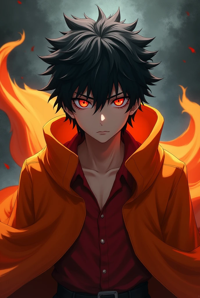 A male character with black curly hair and sharingan eyes wearing a red shirt and an orange cape