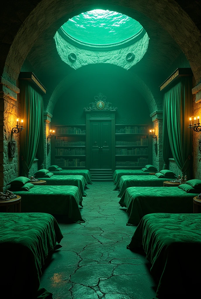 Dormitory for 10 people:(The Slytherin dormitory is illuminated by a soft green light that has passed under the water of the lake. This green light gives the room a cold and mysterious feel. Metallic wall lamps, shaped like snakes, that glow with magical green light, contribute to the overall lighting of the room.)2. walls and ceilings:(The walls are made of dark, moist stones adorned with velvet coverings, spiral patterns, and snake designs. The ceilings of the rooms are designed to resemble the bottom of the lake, sometimes the slow movement of the water and the shadows of fish can be seen on the ceiling.)3. The furniture:
   The furniture خوابگاه اسلیترین به سبک قدیمی و با طرح‌های پیچیده ساخته شده‌اند. Dark wooden beds with heavy, velvet green curtains make up the main part of the room. These beds are placed in such a way that each one has a privacy)(4. decorations and details:
   On the walls, Slytherin banners with the emblem of their legendary serpent are prominently displayed. Bookshelves are filled with magical and mysterious books, and in the corners of the room, silver goblets, small serpent sculptures, and decorative objects related to Slytherin's history and achievements can be seen.)5. carpets and flooring:(The flooring is made of cold, dark stones, but green and silver carpets with swirling and regal patterns cover parts of the floor, adding warmth to the space.)6. windows:(اگرچه زیر دریاچه قرار دارد، اما windowsی خوابگاه به گونه‌ای جادویی طراحی شده‌اند که می‌توان از آنها منظره زیر آب را مشاهده کرد. این windows، نمایی از دنیای زیر آب دریاچه را به نمایش می‌گذارند که گاهی اوقات موجودات دریایی نیز از آنها عبور می‌کنند.)The Slytherin dormitory, with its mysterious and magical arrangement, is a suitable place for those who seek power, secrets, and ambition, and it perfectly aligns with the personalities of the members of this house.Digital style
