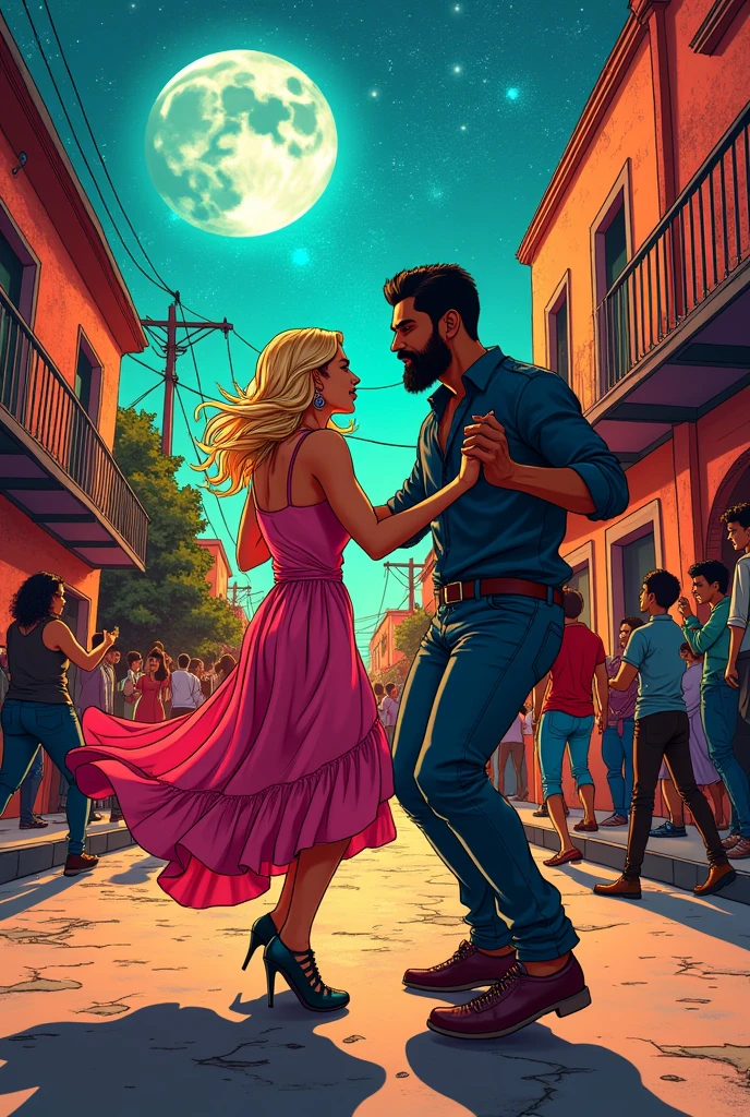 Make a comic book style image like batman, of a couple dancing cumbia, with rock clothes the short and blonde woman and boluctuosa with a dress and the dark-skinned man with a beard, robust and tall at a popular neighborhood party, like Tepito in CDMX, the slightly dirty street with a psychedelic sky, very dense beautiful with a perspective to the left and from above