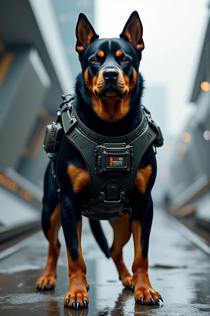 A Rottweiler dog in military clothing and futuristic technological accessories
