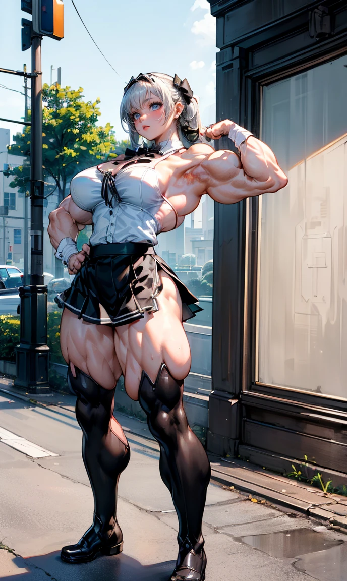 (Optimal lighting) , (Extremely complex and detailed) , 4k unity, (Super detailed CG: 1.2) , (8K: 1.2),(The original), (masterpiece) , (best quality),(masterpiece:1.4),Anime-like high quality,(masterpiece),masterpiece, Ultra-clear picture quality,Compare...clearer,(Delicate face)best quality, absurd,((Master of Peace, 4K, 8K, Yes, high resolution))1个girl, ,,(Wonderful bass),((Bodybuilder:1.5))(girl),(miss),(((whole body:1))) Arm muscles close-up。Shop,on the street,Broad shoulders and thick back,Thick Arms,Amazing eight pack abs,Thick abs,Oily skin reflex hydration,Burst vein,Close Mastery(((((White school uniform with black bow tie)))))(((((Black skirt)))))(((((boots)))))(((((on the street)))))(((((Big biceps)))))