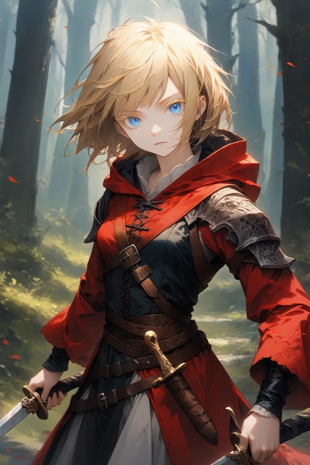 masterpiece, best quality, very aesthetic, absurdres,1girl,rating: general,(hyper detailed eyes),blonde hair,short hair,[disheveled hair],colored eyelashes,blonde eyelashes,blue eyes,(sharp eyes),(slanted eyes),choppy bangs,medium breasts,clear face,expressionless,(red hooded cloak),(leather armor),dagger,dual wielding,medieval,fantasy,forest,