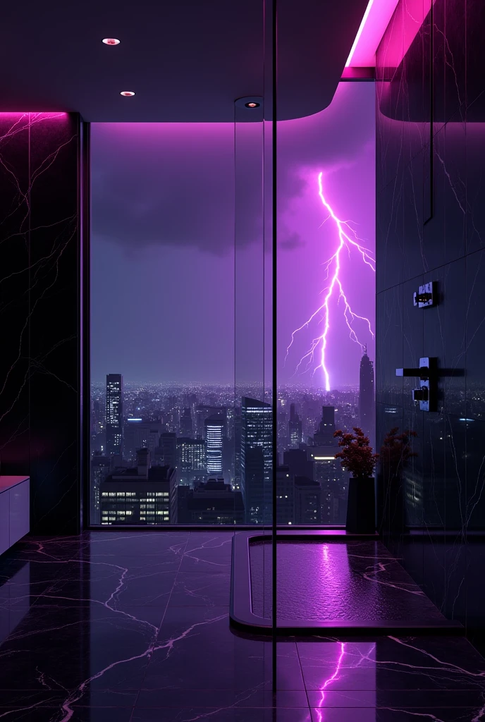 Black interior,shower,purple led lights,penthouse,lightning in the background