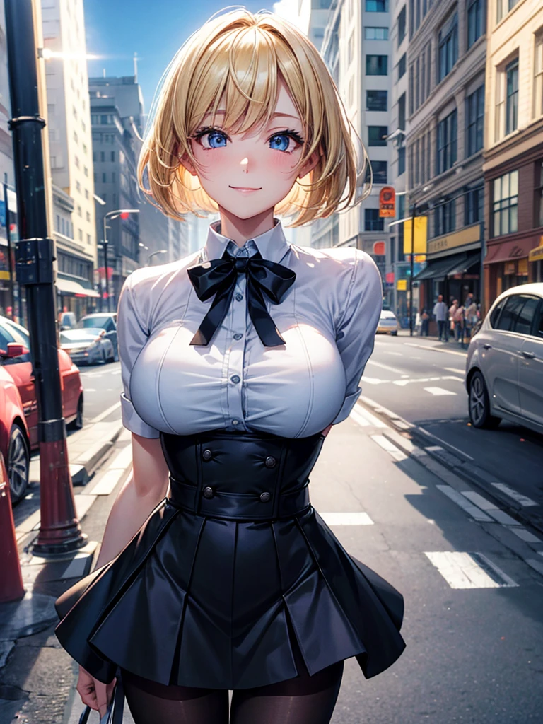 Anime style, super fine illustration, highly detailed, beautiful detailed, perfect detailed, super high quality image, static representation, gentle expression, happy expression, the pretty image, super stylish, 8k, pretty 1girl with blonde straight short hair & blue eyes & a bright smile & full bust & soft fair skin is a career woman who is very hard working not to show her skin wearing big business shirt & black tight skirt & black pantyhose on the urban business buildings street, in the morning, solo, perfect fingers, no more fingers, no less fingers, perfect arms, no more arms, perfect legs, no more legs, no more hair, masterpiece.