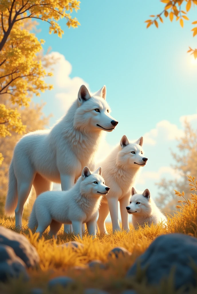 Family of white wolves in the sun